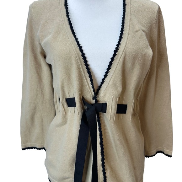 White House Black Market Sweaters - White House Black Market Beige Sweater Cardigan with Black Ribbon Size L